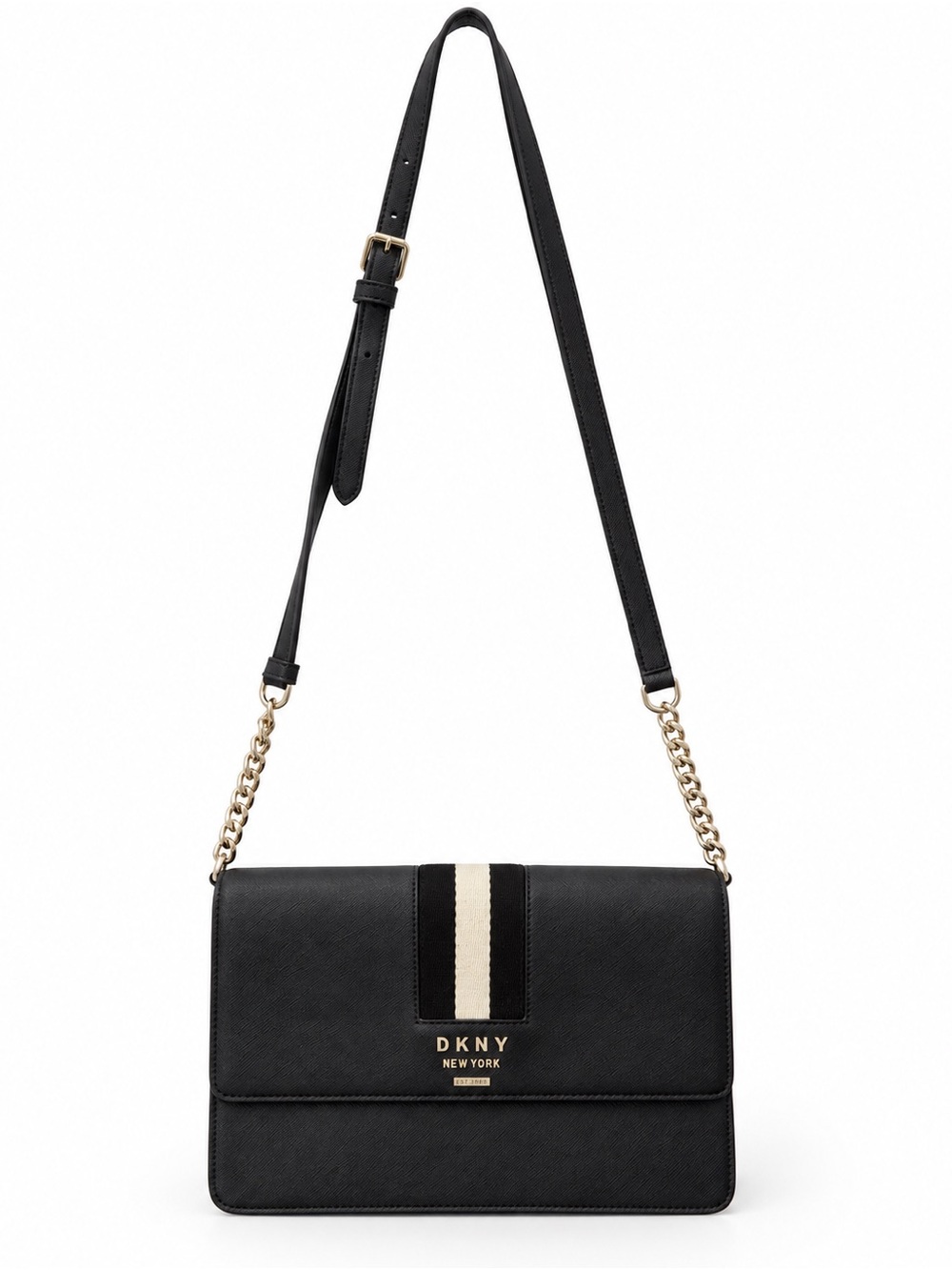 Dkny Black Crossbody Bag with Cream Center Stripe and Gold Chain